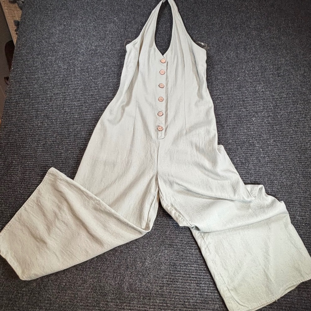 Gypsies & Moondust Sage Green Linen Blend Halter Wide Leg Jumpsuit Size 5